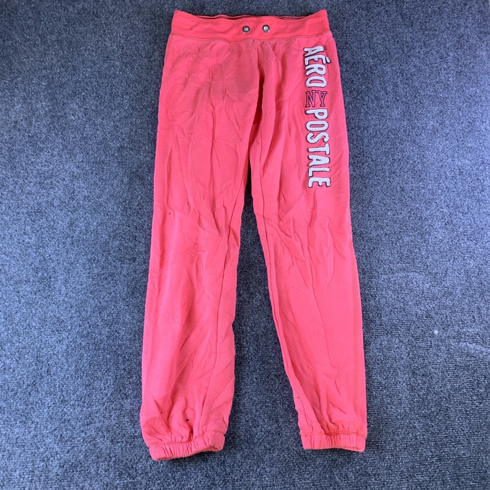 Aeropostale Sweatpants Womens XS Coral Pink Logo Fleece Lined Cotton Tapered Leg